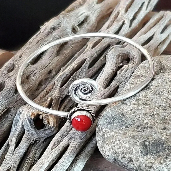 Handcrafted Red Coral Swirl Gemstone Sterling Silver Overlay Artisan Cuff Bracel - Picture 2 of 7